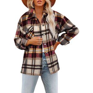 Women Wine Red Collared V Neck Button Down Oversized Long Sleeve Shirt Top